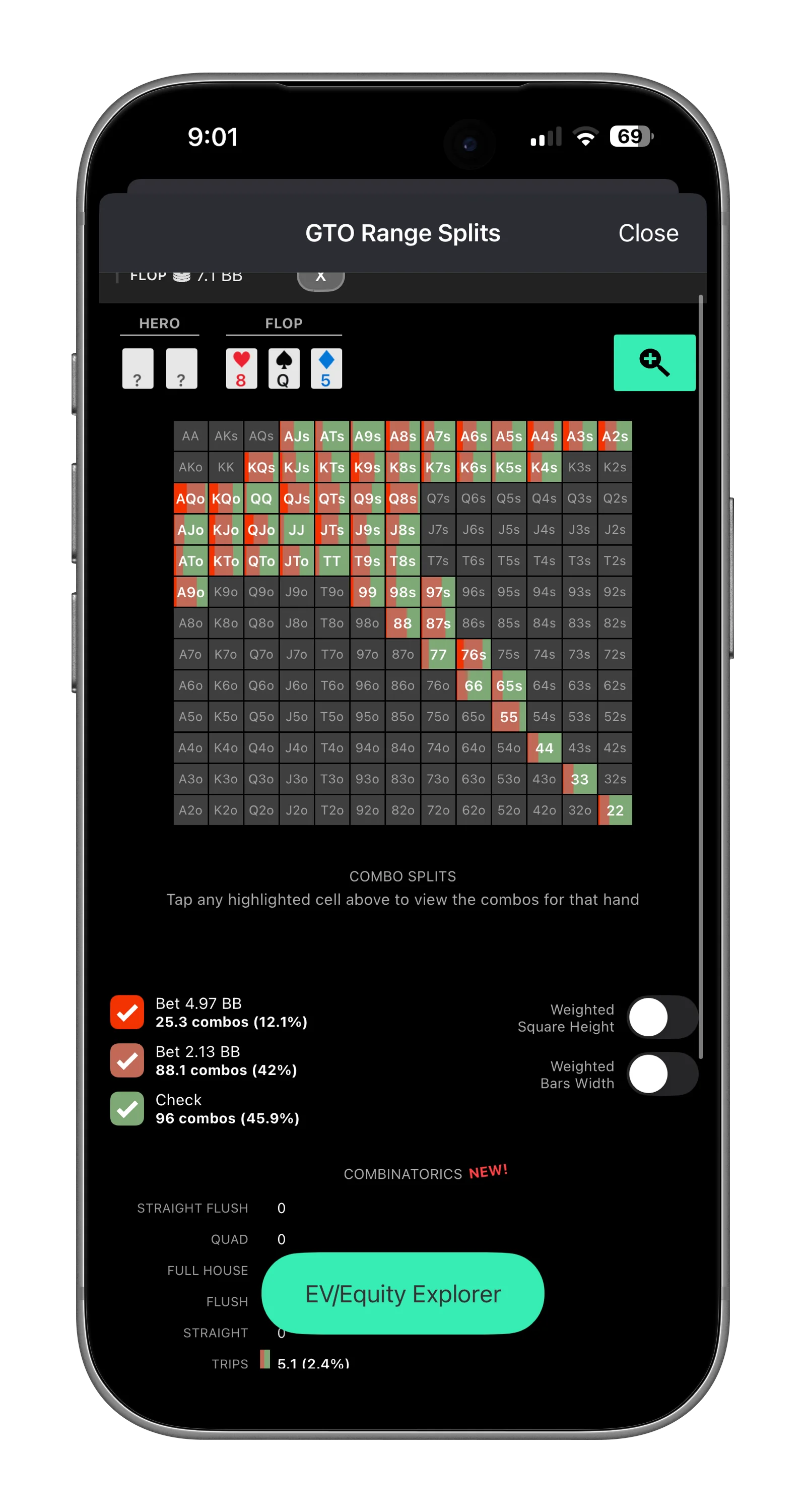 Solver+ Range Splits screen showing the full GTO strategy grid with combo splits, action frequencies, and combinatorics breakdown