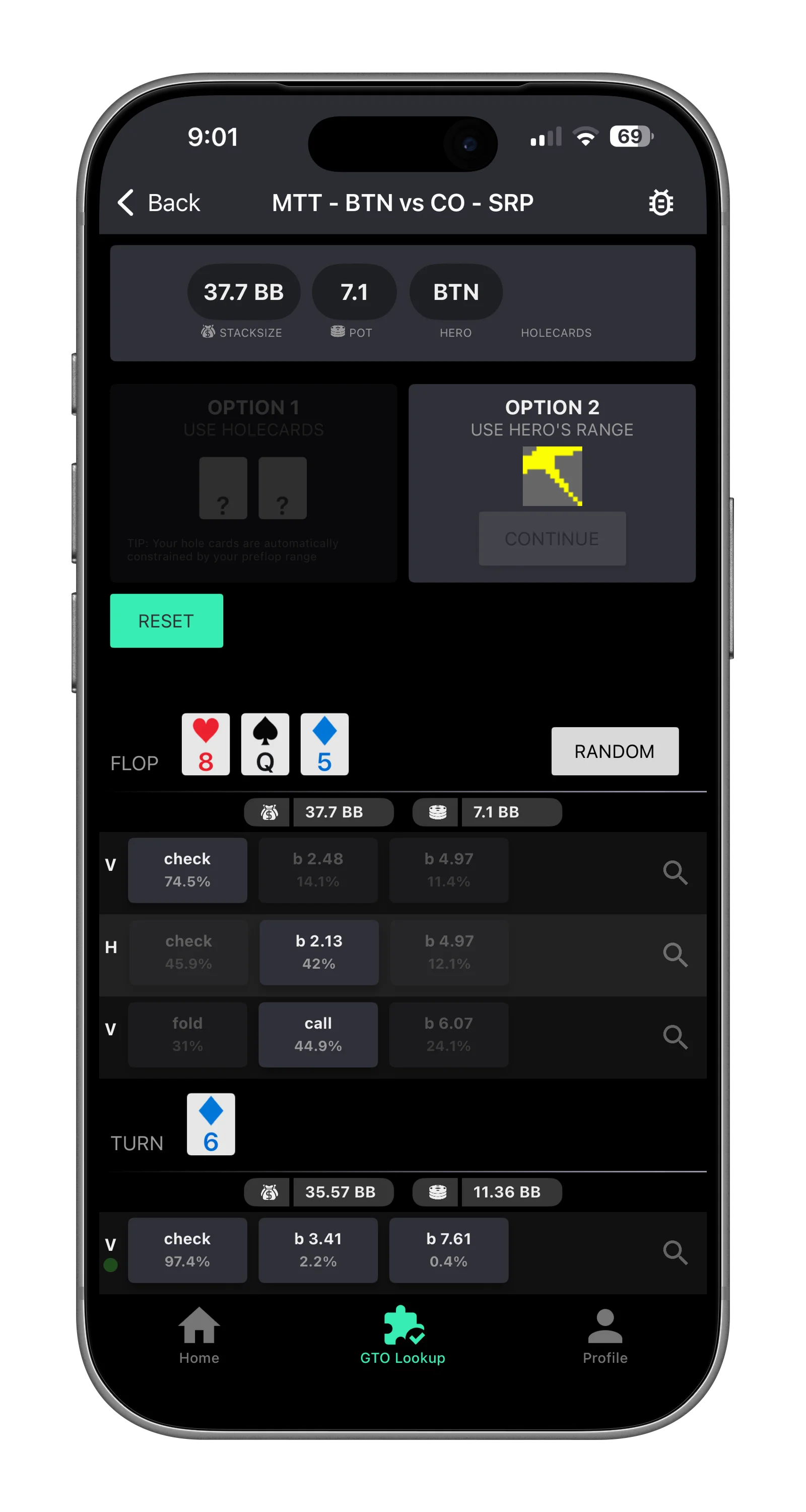 Solver+ Runout Analysis screen showing flop, turn and river action nodes with GTO bet sizings and frequencies for BTN vs CO SRP